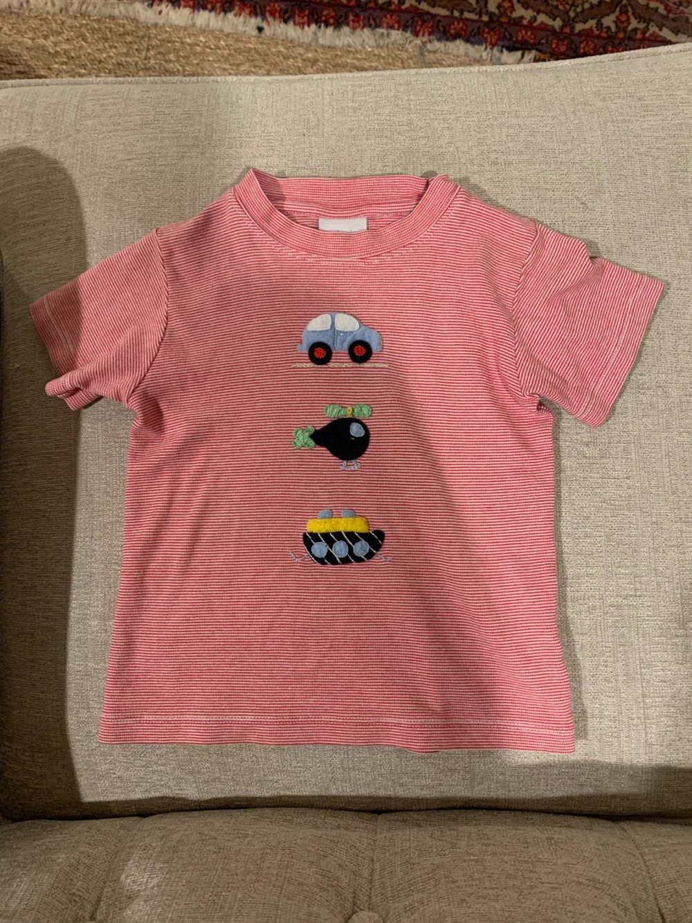 Squiggles by Charlie Red Striped Tee with Vehicle Embroidery